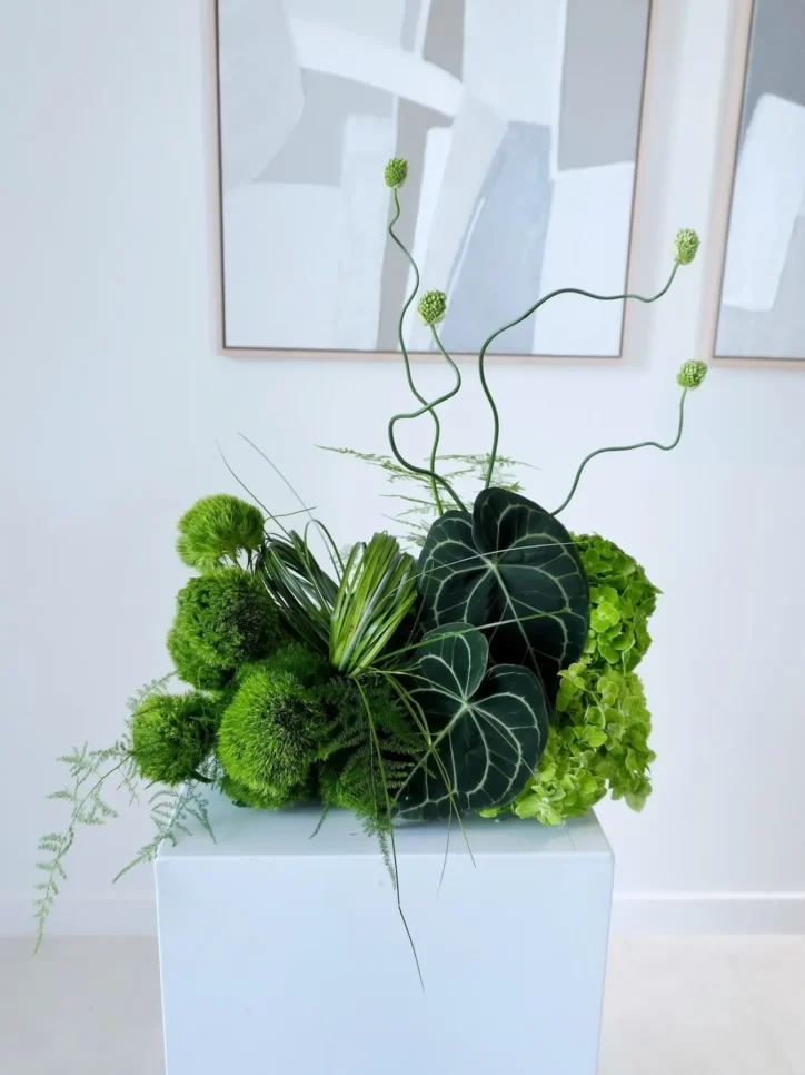 Modern green floral arrangement with hydrangea, anthurium leaves, and curling accent stems