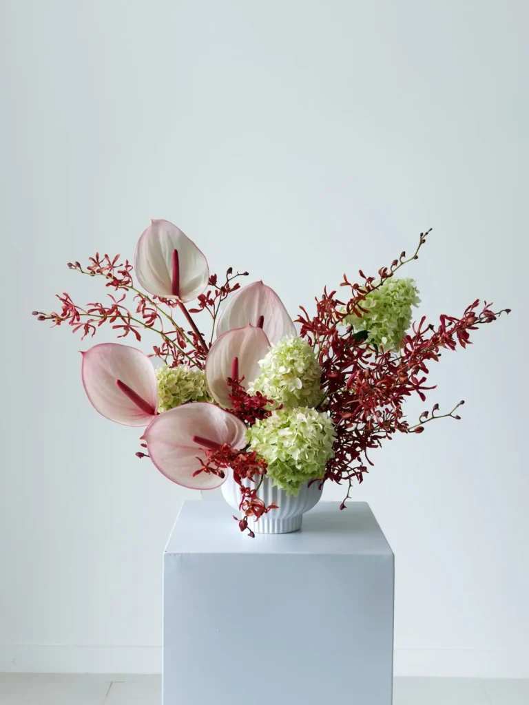 Pink anthurium arrangement with red mokara orchids and green hydrangea in fluted white vase